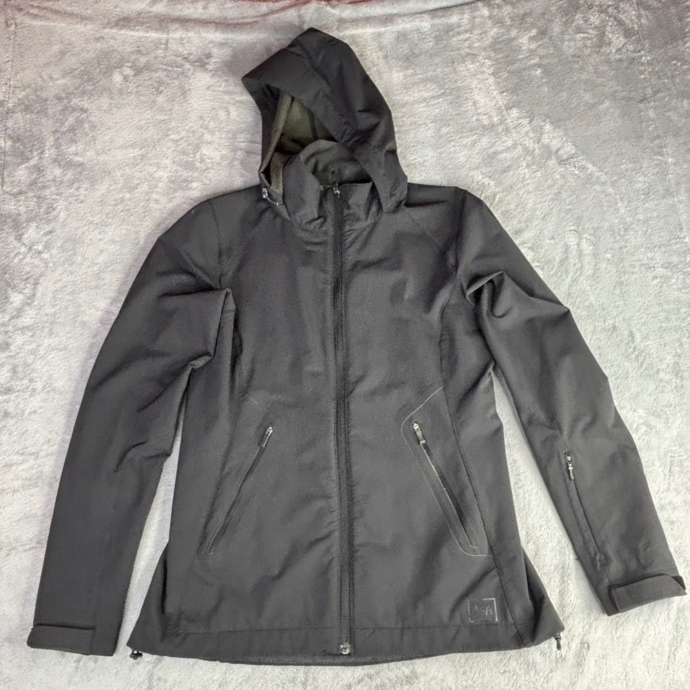 REI Softshell Jacket Womens Small Black Hooded Full Zip Technical Outdoor Hiking